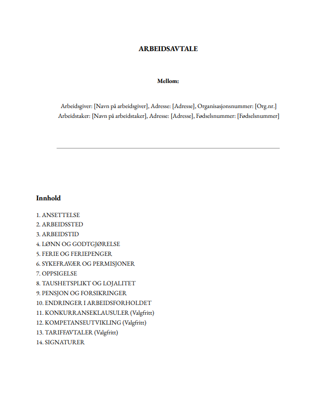 Standard Arbeidsavtale (Fast stilling)