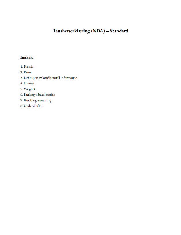 Taushetserklæring (NDA) – Standard