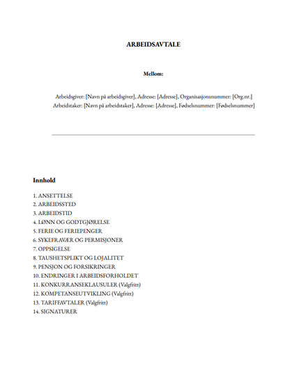 Standard Arbeidsavtale (Fast stilling)