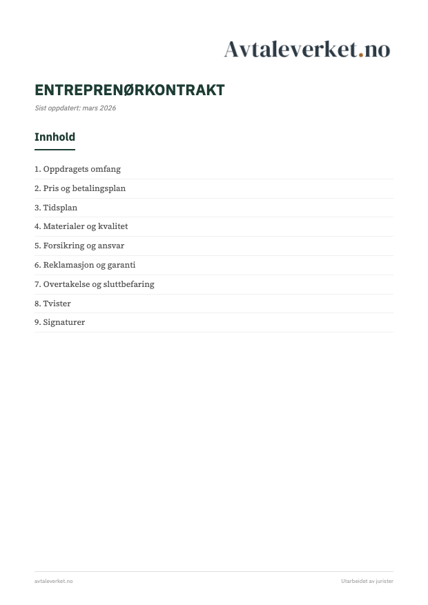 Entreprenørkontrakt - forsidebilde
