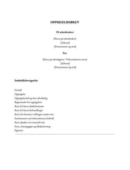 Oppsigelsesbrev fra arbeidsgiver